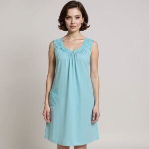 SHADOWLINE Light Turquoise Nylon Nightgown M Lace Trim & Pocket 60s Inspired